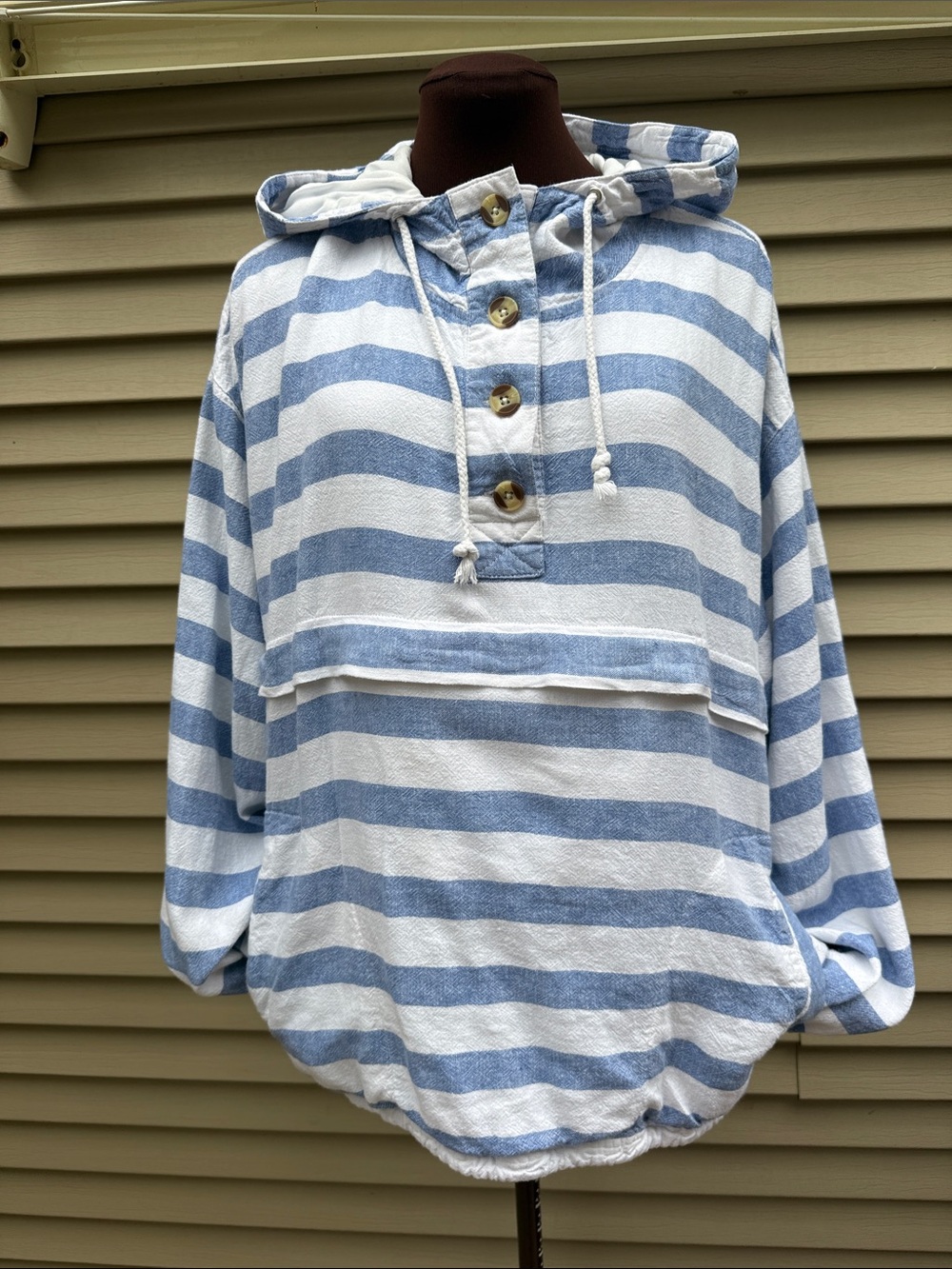 Thread & Supply Linen Blend Blue & White Striped Hooded Pullover Size XL - Picture 9 of 13